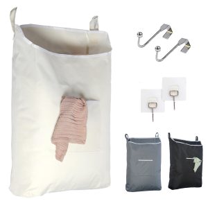 The Fine Living Co. Hanging Laundry Hamper with Over Door Hooks & Adhesive Durable Space Saving Laundry Bag with Zipper and Wide Open Top Hanging Dorm Laundry Hamper 18 x4.75 x28  (Beige L)