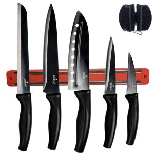 Kitchen Knife Set Kit 5 Dishwasher Safe Colorful Knives Knife Sharpener & Magnetic Wall Bar Titanium Non Stick Plating Stainless Steel