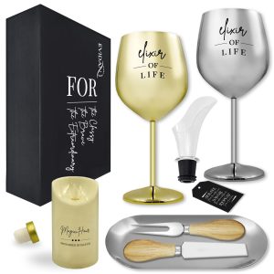 Wine Gifts Complete Set with Stainless Steel Wine Glasses Wine Stopper Wine Aerator Cheese Tray Cheese Knife and Fork – Luxury Gift Box Packaging – Relaxing Experience for Loved Ones