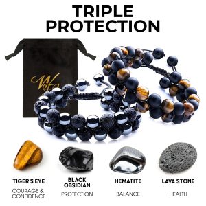Black Obsidian Hematite Triple Protection Bracelet Blue Tiger Eye Beads Bracelets Lava Stone bracelets for Men and women 10MM or 8MM