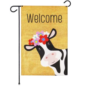 G128 Garden Flag Welcome Cow with Flowers | 12x18 Inch | Printed Burlap Polyester - Everyday Decoration