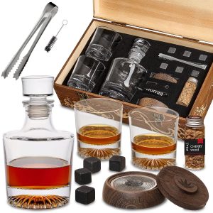 homia Whiskey Gift Set 14 pcs  Whiskey Bottle and Old Fashioned Glasses  2 pcs Cocktail Smoker in Wodden Box with Wood Chips Whickey Stones 6 pcs included  Gift for Men (Torch Not included)