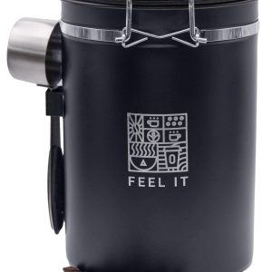 Stainless Steel Coffee Canister   21oz Airtight Kitchen Food Storage Container with Date Tracker CO2 Release Valve and Measuring Scoop For Ground Coffee Beans Tea Sugar Large (Black)