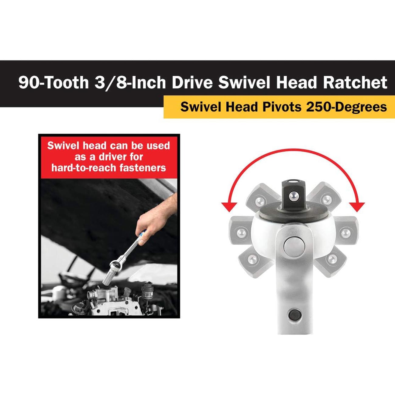 Titan 3/8" Drive x 10" Swivel Head Ratchet - 90 Tooth - Image 2