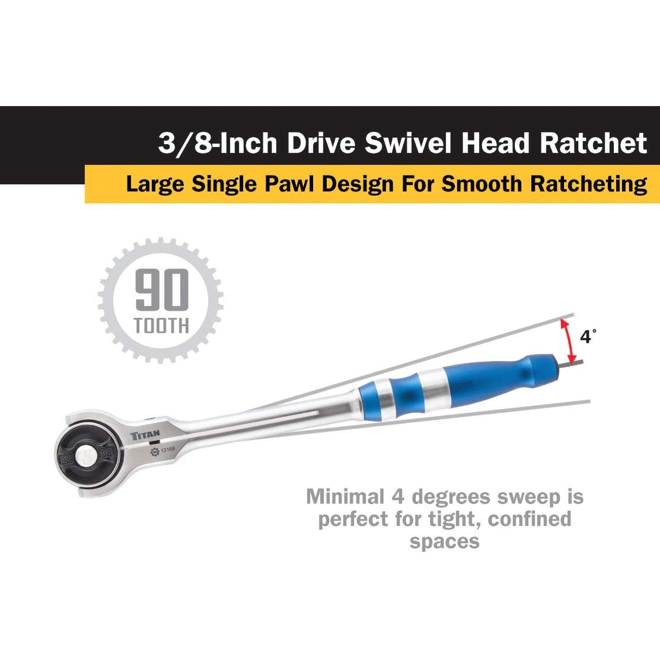 Titan 3/8" Drive x 10" Swivel Head Ratchet - 90 Tooth - Image 3
