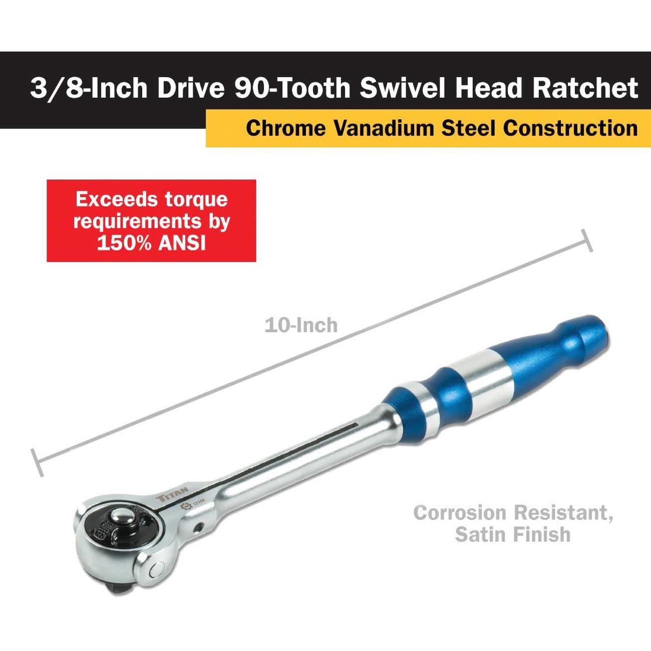 Titan 3/8" Drive x 10" Swivel Head Ratchet - 90 Tooth - Image 4