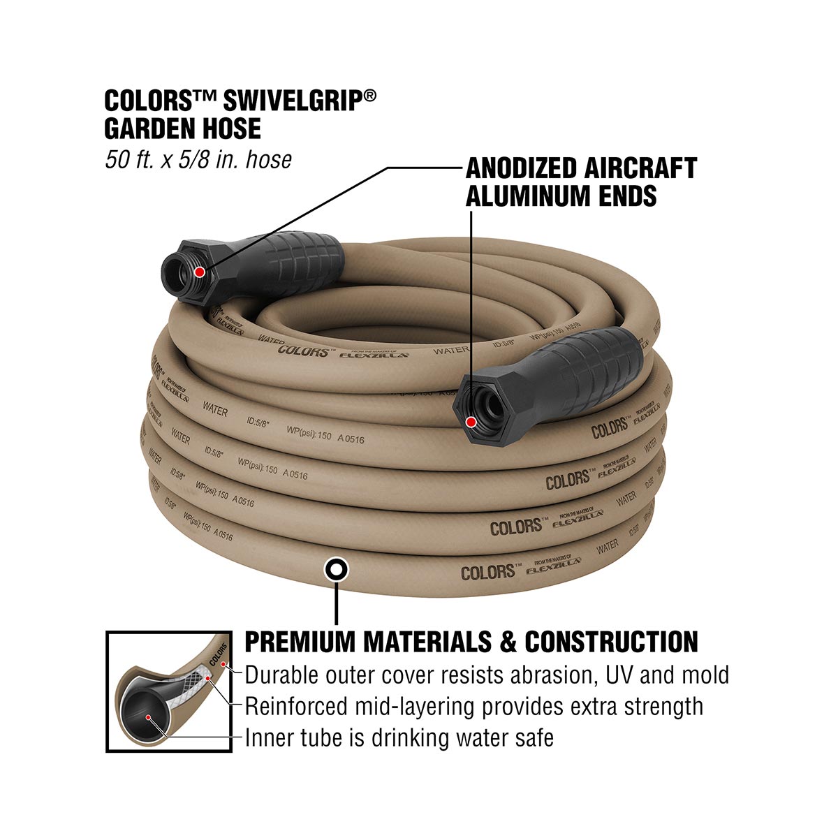 Flexzilla® Colors™ SwivelGrip® Garden Hose 5/8" x 50' 3/4" - 11 1/2 GHT Fittings Brown Mulch - Image 3