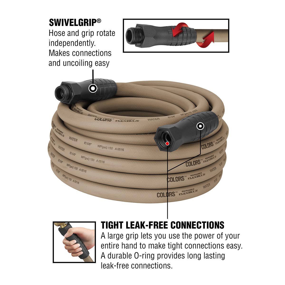 Flexzilla® Colors™ SwivelGrip® Garden Hose 5/8" x 50' 3/4" - 11 1/2 GHT Fittings Brown Mulch - Image 4