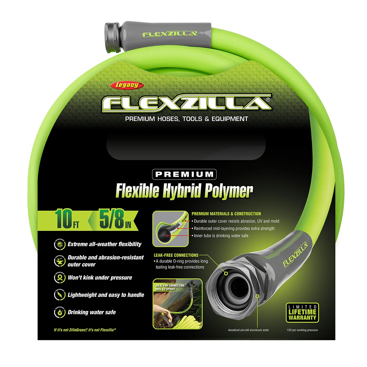 Flexzilla® Garden Hose 5/8" x 10' 3/4" - 11 1/2 GHT Fittings ZillaGreen® - Image 2
