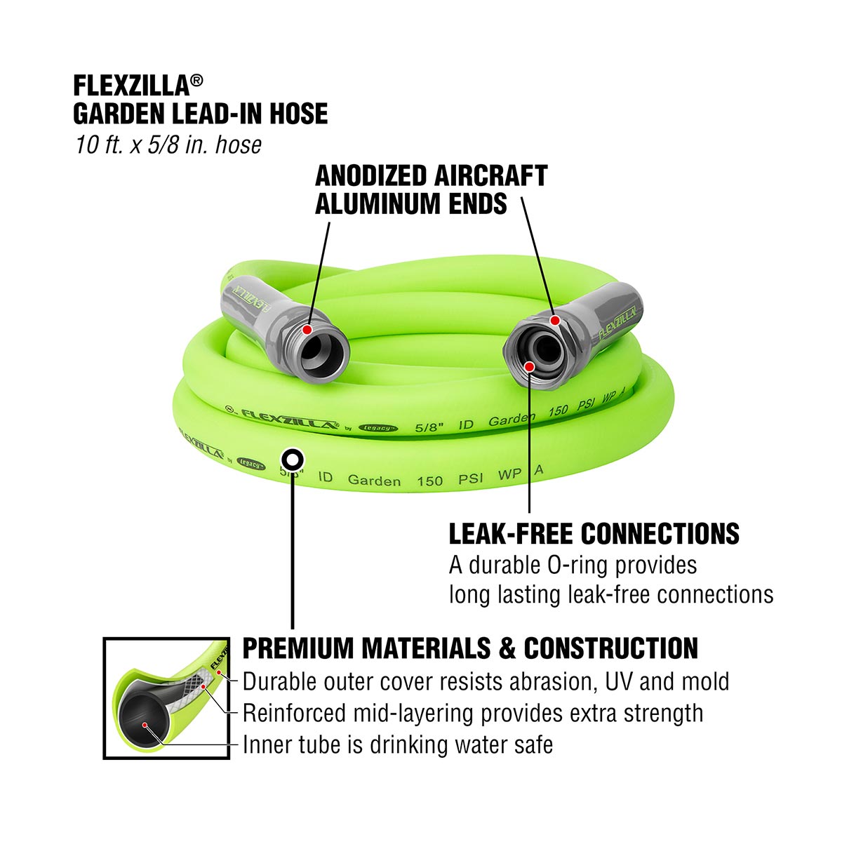 Flexzilla® Garden Hose 5/8" x 10' 3/4" - 11 1/2 GHT Fittings ZillaGreen® - Image 3