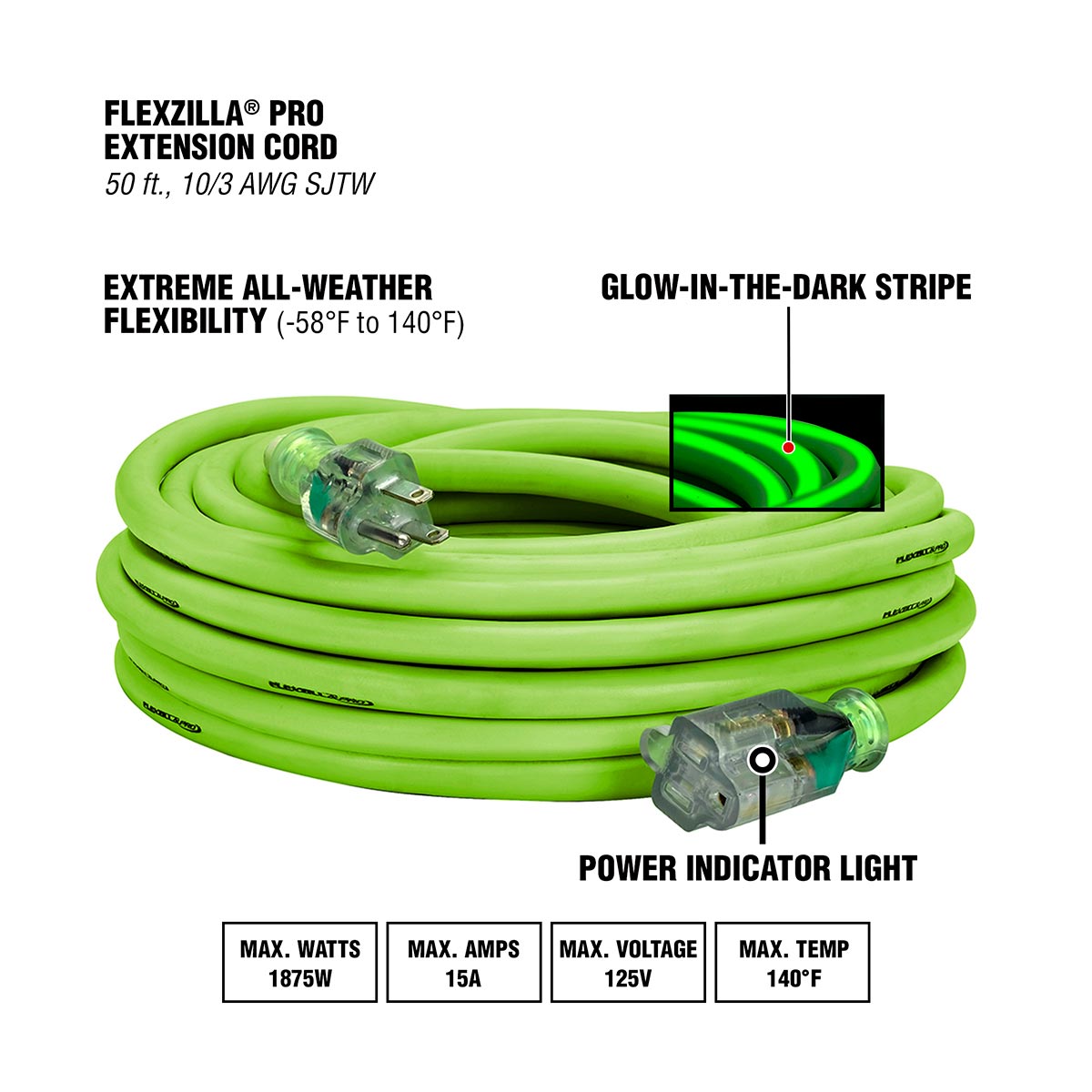 Flexzilla® Pro Extension Cord 10/3 AWG SJTW 50' Outdoor Lighted Plug ZillaGreen™ - Image 4