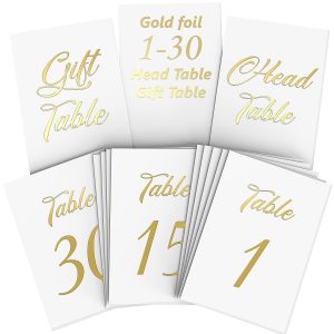 Gold Table Numbers 1 30 for Wedding Reception   Gold Foil Table Number Cards 4x6 Inch with Head & Gift Table   Restaurant Table Numbers   Wedding Numbers for Tables Card Stock Wedding Table Numbers