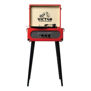 Victor VWRP-3200-RD Andover Dual-Bluetooth Belt-Drive 5-in-1 Suitcase-Style Record Player with Legs, VWRP-3200 (Red)