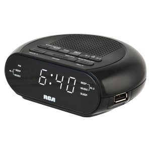RCA RCS27 Digital Radio Alarm Clock with Soothing Sounds, Brightness Control, and USB Charging Port