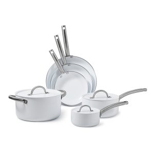 BLACK+DECKER BDK140W 9-Piece Ceramic White Aluminum Cookware Set