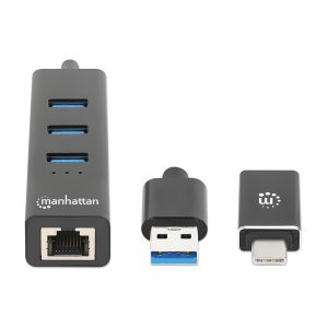 Manhattan 180894 3-Port USB 3.0 Type-C/A Combo Hub with Gigabit Ethernet Network Adapter
