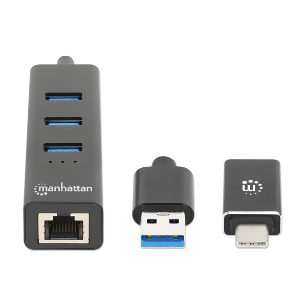 Manhattan 180894 3-Port USB 3.0 Type-C/A Combo Hub with Gigabit Ethernet Network Adapter