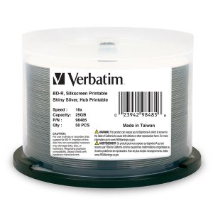 Verbatim 98485 BD-R 25-GB 16x Shiny Silver Silk-Screen-Printable Recordable Disc Spindle, 50 Pack