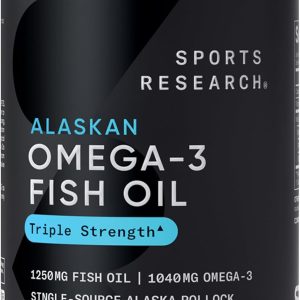 Sports Research Triple Strength Omega 3 Fish Oil - Burpless Fish Oil Supplement w/EPA & DHA Fatty Acids from Single-Source Wild Alaskan Pollock - 1250 mg, 90 ct