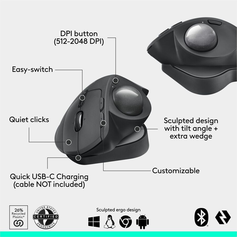 Logitech MX Ergo S Plus Advanced Wireless Trackball Mouse, USB-C Rechargeable Wireless Ergonomic Mouse With Bluetooth and Encrypted Dongle, 6 Programmable Buttons, for PC/Mac (Graphite) - Image 10