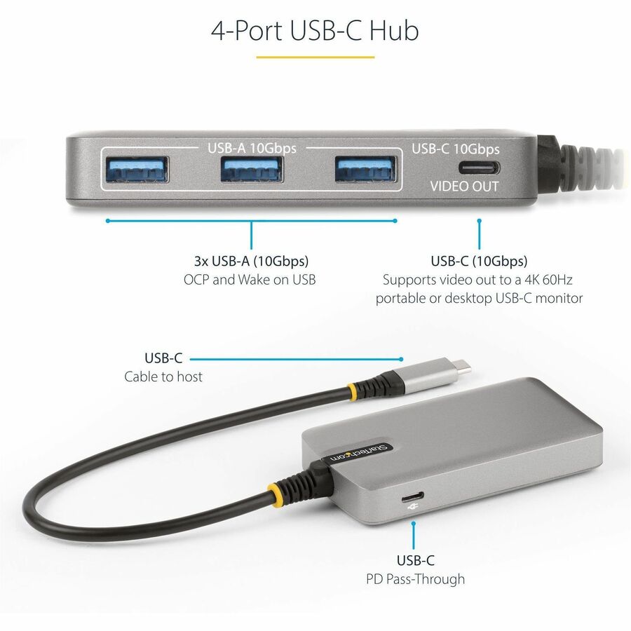 StarTech.com 4-Port USB-C Hub with USB-C DP Alt Mode Video Output, 3x USB-A, 1x USB-C, 100W Power Delivery Pass-Through, USB 3.2 10Gbps - Image 3
