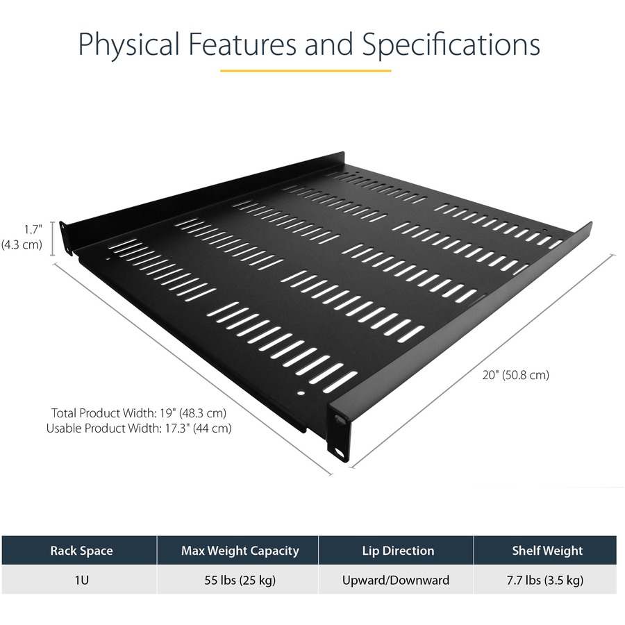 StarTech.com 1U Vented Server Rack Cabinet Shelf - Fixed 20" Deep Cantilever Rackmount Tray for 19" Data/AV/Network Enclosure w/Cage Nuts - Image 3