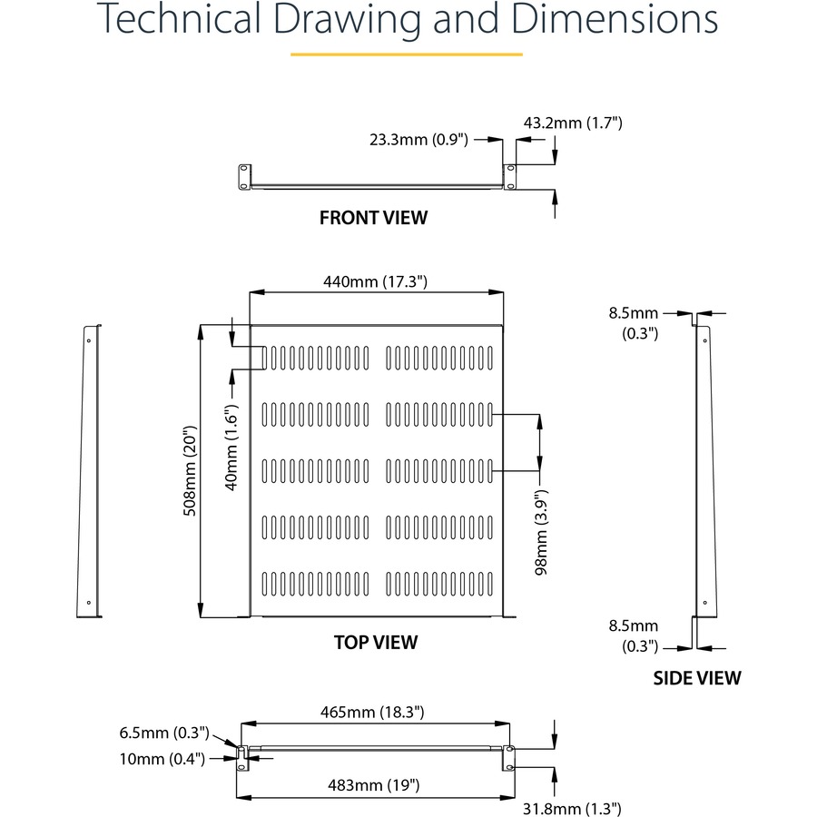 StarTech.com 1U Vented Server Rack Cabinet Shelf - Fixed 20" Deep Cantilever Rackmount Tray for 19" Data/AV/Network Enclosure w/Cage Nuts - Image 9