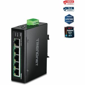 TRENDnet 5-Port Hardened Industrial Unmanaged Gigabit Switch; TI-PG50; 10/100/1000Mbps; DIN-Rail Switch; 4 x Gigabit PoE+ Ports; 1 x Gigabit Port; Gigabit Ethernet Network Switch; Lifetime Protection