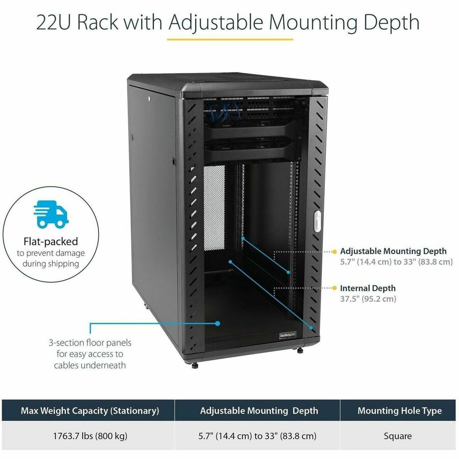 StarTech.com 22U 36in Knock-Down Server Rack Cabinet with Caster - Image 2