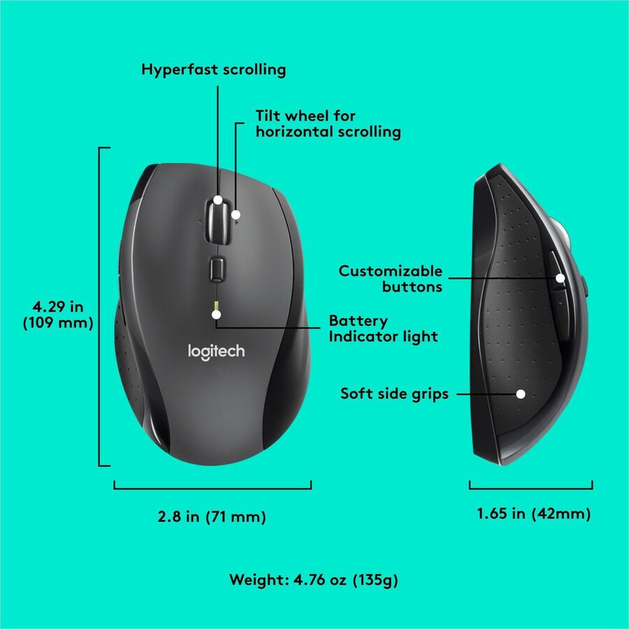 Logitech M705 Marathon Wireless Mouse, 2.4 GHz USB Unifying Receiver, 1000 DPI, 5-Programmable Buttons, Black - Image 6