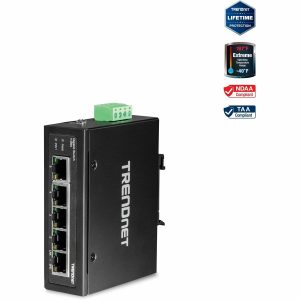 TRENDnet 5-Port Hardened Industrial Gigabit DIN-Rail Switch, 10 Gbps Switching Capacity, IP30 Rated Network Switch (-40 to 167 F), DIN-Rail & Wall Mounts Included, Lifetime Protection, Black, TI-G50