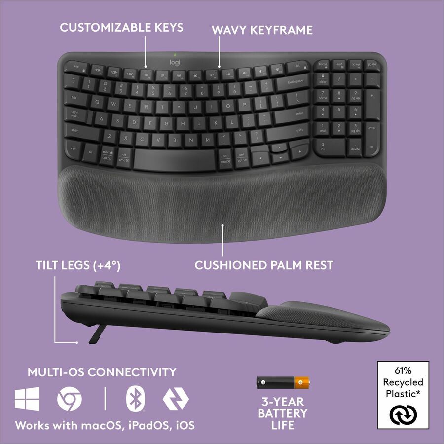 Logitech Wave Keys Wireless Ergonomic Keyboard with Cushioned Palm Rest, Comfortable Natural Typing, Graphite - Image 6