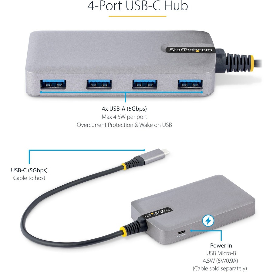 StarTech.com 4-Port USB-C Hub, 5Gbps, Bus Powered, 4x USB-A Ports, Optional Auxiliary Power, Portable USB Type-C Hub, 1ft/30cm Cable - Image 8
