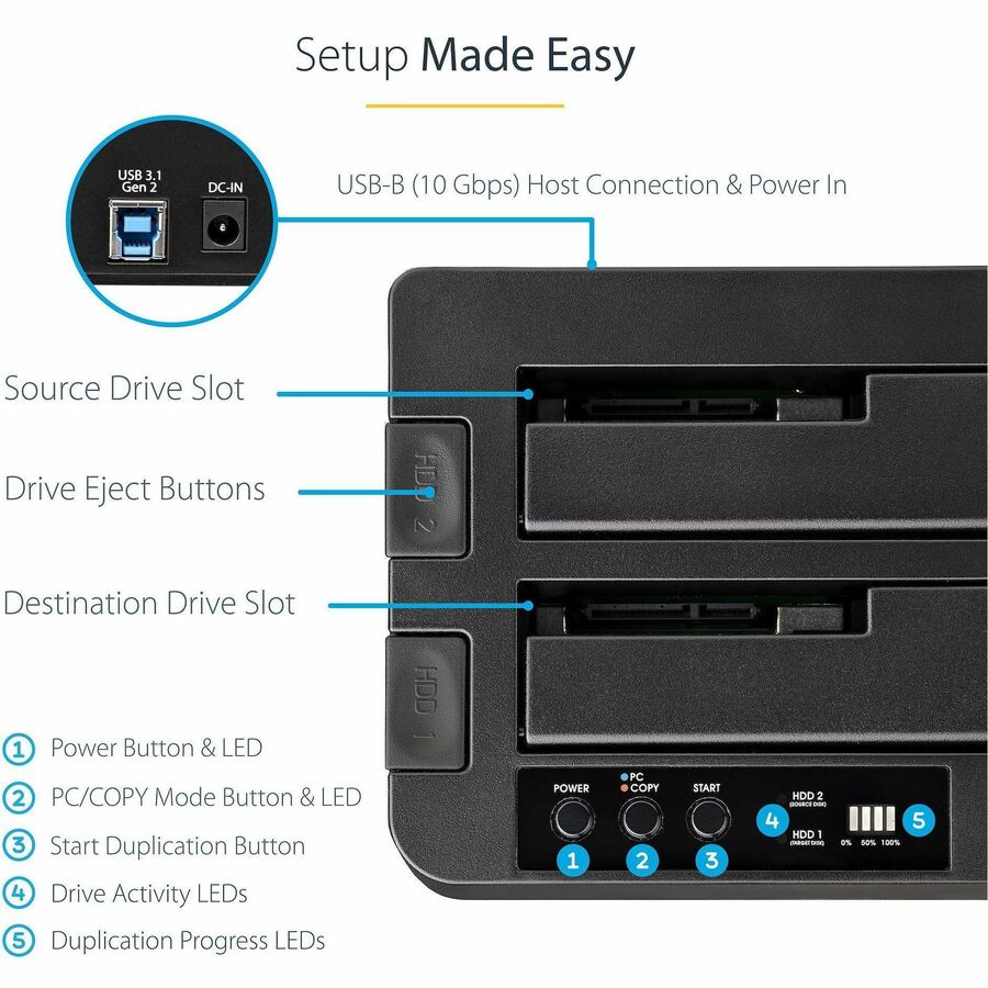 StarTech.com Standalone Hard Drive Duplicator, External Dual Bay HDD/SSD Cloner/Copier, USB 3.1 to SATA Drive Docking Station, Disk Cloner - Image 4