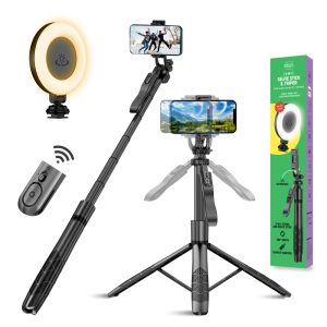Phone Tripod 62  Selfie Stick for iPhone with Remote and 3W LED Light, Universal Mount, Phone Stand for Recording & Streaming, Tripod for iPhone & Android Phone & Gopro