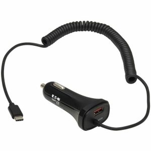 Eaton Tripp Lite Series Dual-Port USB Car Charger with 30W Charging - USB-C (18W) QC 3.0, USB-A (12W), Coiled 6 ft. (1.83 m) USB-C Cable, Black