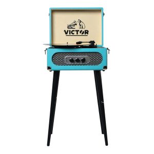 Victor VWRP-3200-TQ 6-Watt Andover 3-Speed Belt-Drive Manual Suitcase Turntable with Built-in Speakers, Bluetooth In/Out, FM, 45 Adapter, and Legs (Turquoise)