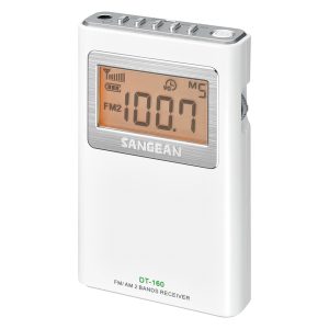 Sangean DT-160 AM/FM-Stereo Pocket Digital Clock Radio with Earbuds, White, DT-160