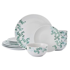 Studio Nova 5323489 12-Piece Porcelain Dinnerware Set, Gray Moonlit Leaves Pattern