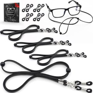 Eyeglass Strap Holders   Premium ECO Leather Eye Glass String Strap   Eyeglass Chain for Women Men   Eye Glass Accessory Chain Around Neck   4 Cords (Black)