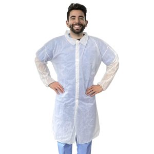 AMZ Disposable Lab Coat XL. 35 GSM PP White Disposable Lab Coats for Adults. 5 Pack Knee length Lab Coat with Long Sleeves Elastic Wrists Loop Fasteners. White Lab Coat No Pockets