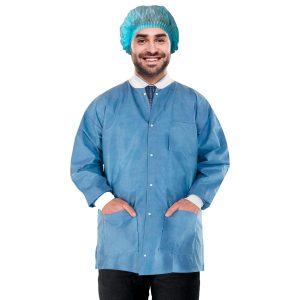 Disposable Lab Jackets 31  Long. Pack of 10 Ceil Blue Hip Length Work Gowns Large. SMS 50 gsm Shirts with Snaps Front Knit Cuffs & Collar 3 Pockets. Unisex PPE Body Protective Short Coats