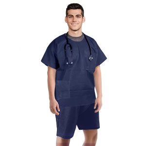 AMZ Medical Supply Disposable Scrubs Top and Bottom XX Large Pack of 10 Navy Blue Medical PPE Disposable Suit T Shirts with 2 Pockets and Shorts Spunbonded PP Disposable Scrubs for Women and Men