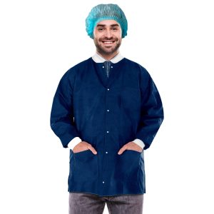 Disposable Lab Jackets 29  Long. Pack of 10 True Blue Hip Length Work Gowns Small. SMS 50 gsm Shirts with Snaps Front Knit Cuffs & Collar 3 Pockets. Unisex PPE Body Protective Short Coats