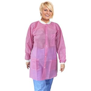 Disposable Lab Coat X Large Pack of 10 Light Pink Disposable Lab Coats for Adults SPP 45 GSM Painting Lab Coat Disposable Unisex Plastic Lab Coats with Snaps Knit Cuffs Collar 3 Pockets
