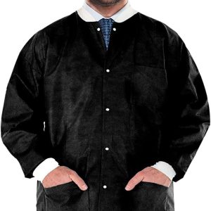 Lab Jacket for Men and Women Large Pack of 10 Black PPE Jacket SMS 50 GSM Disposable Jackets Dental 31'' Long Disposable Lab Jacket with Snaps Front Knit Cuffs & Collar 3 Pockets