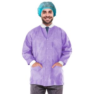 Disposable Lab Jackets 31 . Pack of 10 Purple Hip Length Work Gowns Large. SMS 50 gsm Shirts with Snaps Front Knit Cuffs & Collar 3 Pockets. Unisex PPE Body Protective Short Coats
