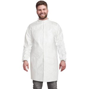 AMZ Disposable Lab Coat XX Large. Pack of 10 White Disposable Lab Coats for Adults. 60 GSM Microporous Disposable Coats Medical PPE with Elastic Wrists Loop Fasteners Mandarin Snap Collar