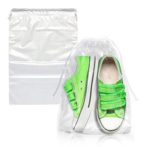 PUREVACY Clear Drawstring Bags 8  x 10  Pack of 100 Travel Shoe Bags for Packing Shipping Storage 2 mil Waterproof Clear Plastic Bag with Double Cotton Drawstrings Odorless Shoe Dust Bags